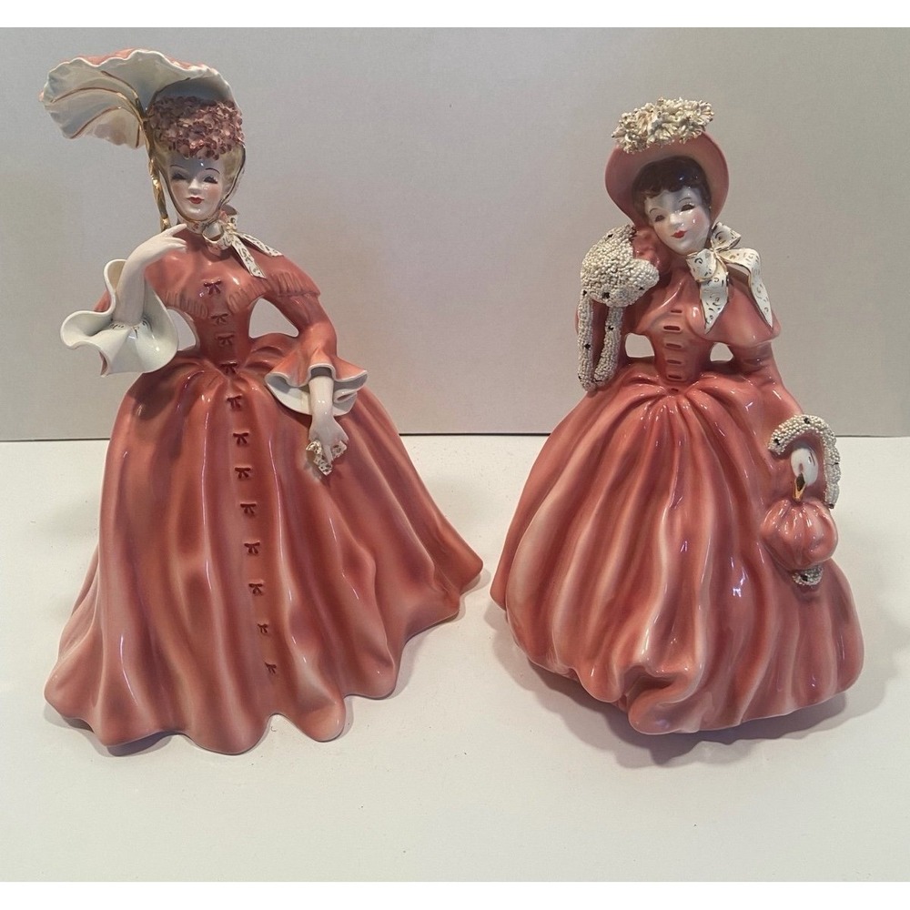 Vintage Florence Ceramics Pasadena Figurine Pair Pink Victorian Ladies Gowns